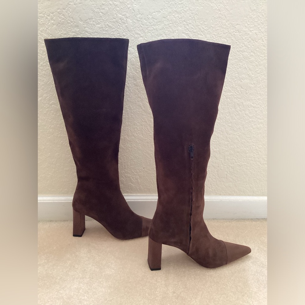 Staud Brown Suede Pointed Toe Knee High Boots - Picture 2 of 6